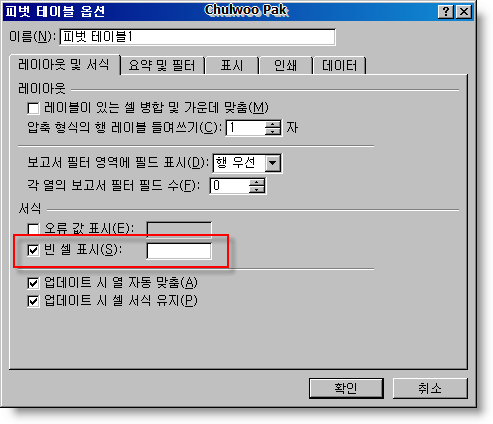 Excel 2007 피벗 테이블 옵션
