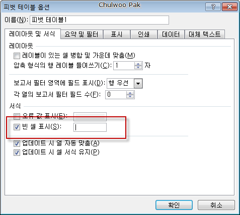 Excel 2010 피벗 테이블 옵션