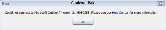 Could not connect to Microsoft Outlook: error -2146959355