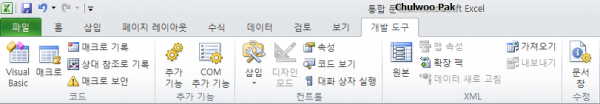 Excel 2010 개발 도구 메뉴